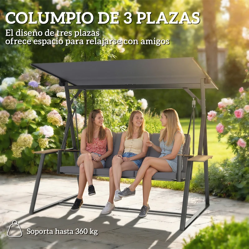 Outsunny Columpio de Jardín de 3 Plazas, Balancín de Jardín Exterior con Techo Ajustable UPF50+, 2 Bandejas, Cojines y Marco de Metal, para Balcón, Terraza, Patio, Carga 360 kg, 222x131x175 cm, Gris