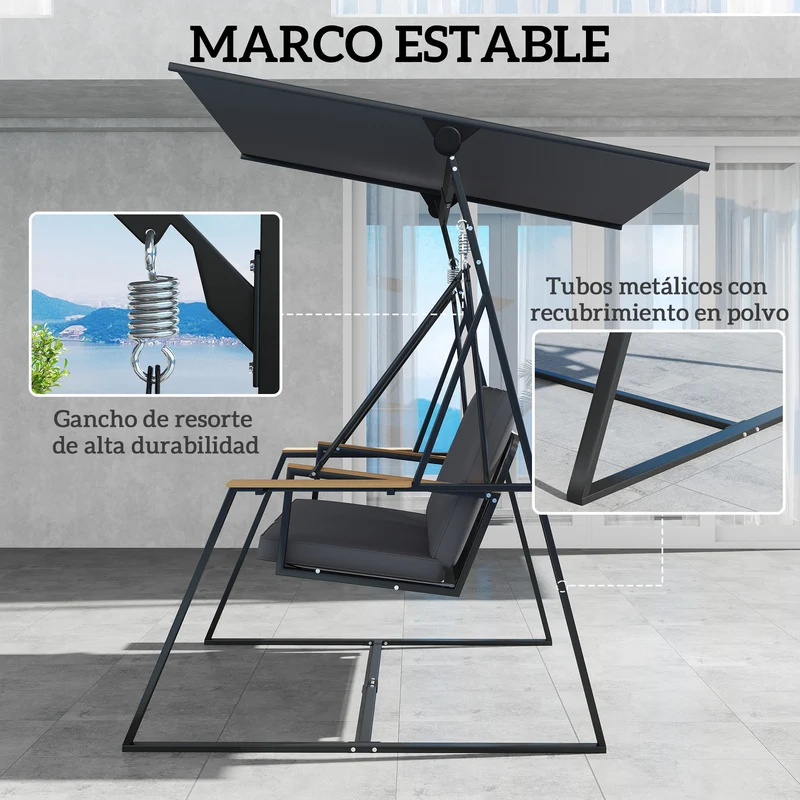 Outsunny Columpio de Jardín de 3 Plazas, Balancín de Jardín Exterior con Techo Ajustable UPF50+, 2 Bandejas, Cojines y Marco de Metal, para Balcón, Terraza, Patio, Carga 360 kg, 222x131x175 cm, Gris