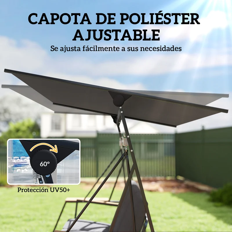 Outsunny Columpio de Jardín de 3 Plazas, Balancín de Jardín Exterior con Techo Ajustable UPF50+, 2 Bandejas, Cojines y Marco de Metal, para Balcón, Terraza, Patio, Carga 360 kg, 222x131x175 cm, Gris