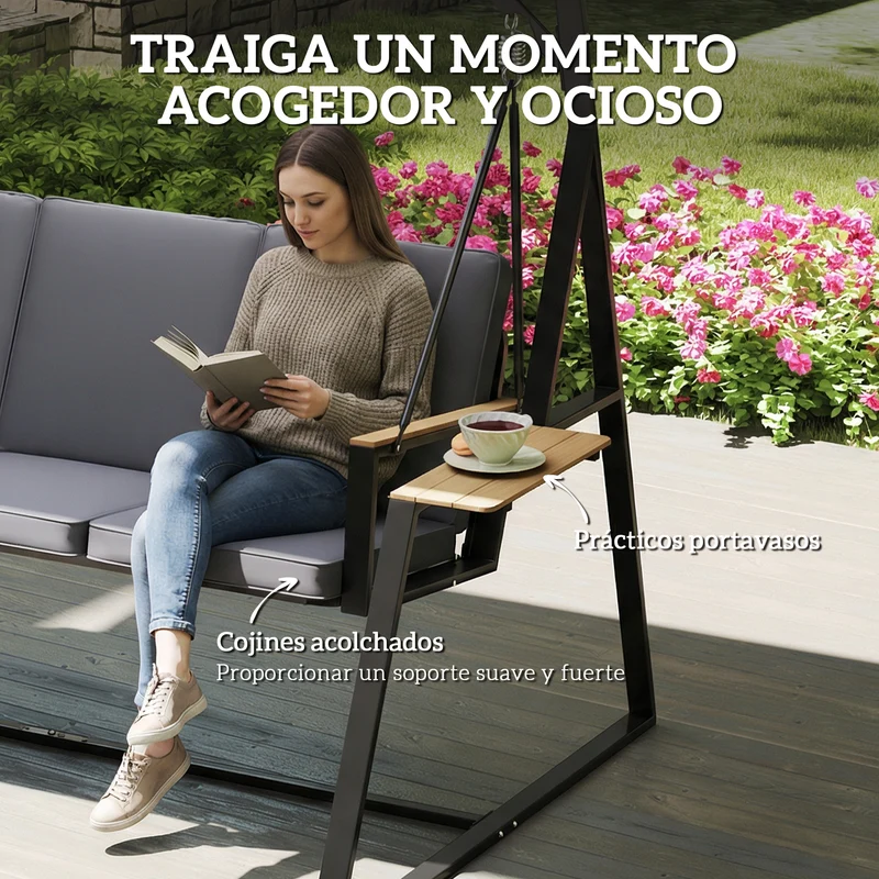 Outsunny Columpio de Jardín de 3 Plazas, Balancín de Jardín Exterior con Techo Ajustable UPF50+, 2 Bandejas, Cojines y Marco de Metal, para Balcón, Terraza, Patio, Carga 360 kg, 222x131x175 cm, Gris
