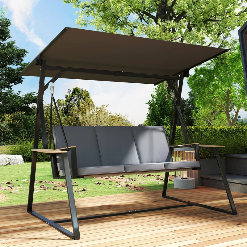 Outsunny Columpio de Jardín de 3 Plazas, Balancín de Jardín Exterior con Techo Ajustable UPF50+, 2 Bandejas, Cojines y Marco de Metal, para Balcón, Terraza, Patio, Carga 360 kg, 222x131x175 cm, Gris