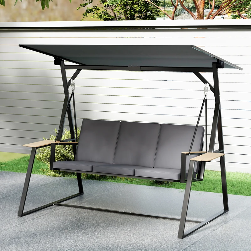 Outsunny Columpio de Jardín de 3 Plazas, Balancín de Jardín Exterior con Techo Ajustable UPF50+, 2 Bandejas, Cojines y Marco de Metal, para Balcón, Terraza, Patio, Carga 360 kg, 222x131x175 cm, Gris