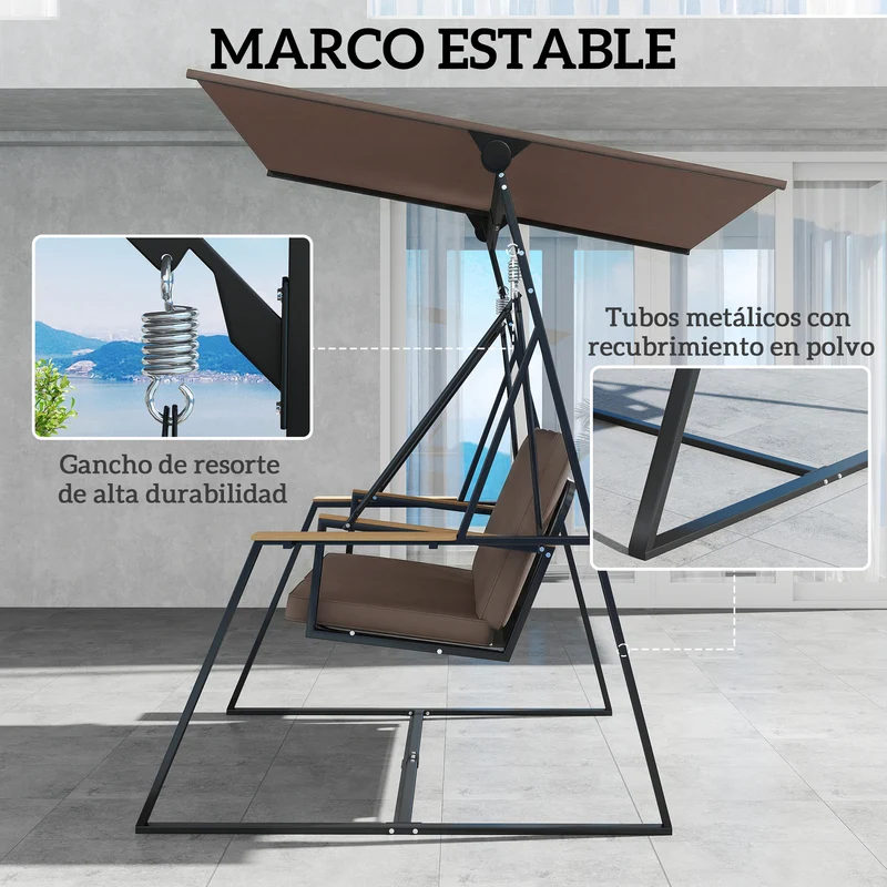 Outsunny Columpio de Jardín de 3 Plazas, Balancín de Jardín Exterior con Techo Ajustable UPF50+, 2 Bandejas, Cojines y Marco de Metal, para Balcón, Terraza, Patio, Carga 360 kg, 222x131x175 cm, Marrón