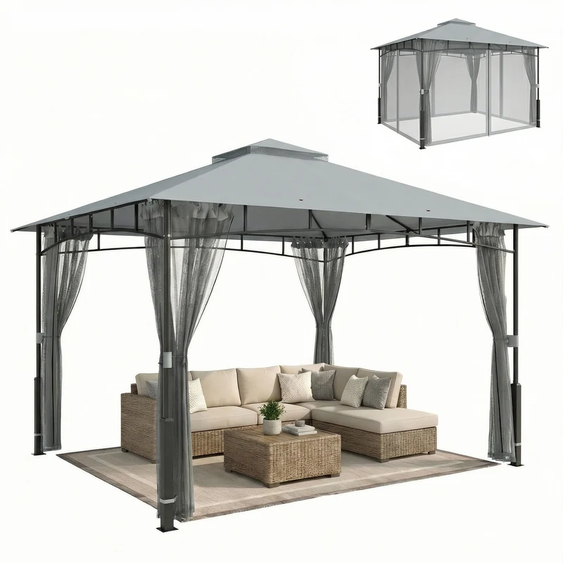 Outsunny Cenador para Jardín 3x3,6 m, Pabellón de Jardín Gazebo con Doble Techo, Paredes de Malla, UPF50+, Estructura de Metal, Carpa para Exterior, Terraza, Patio, Gris
