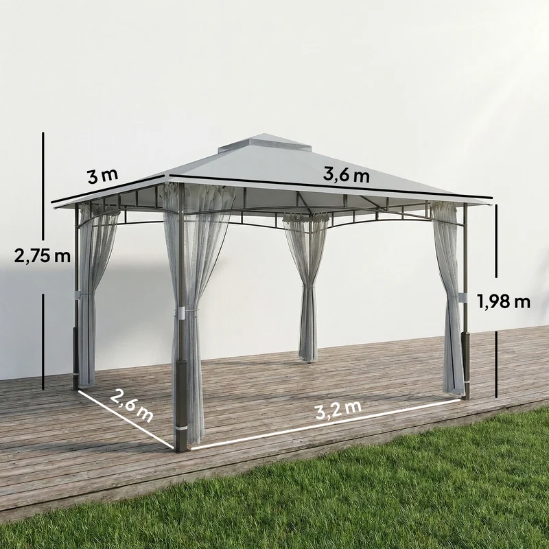 Outsunny Cenador para Jardín 3x3,6 m, Pabellón de Jardín Gazebo con Doble Techo, Paredes de Malla, UPF50+, Estructura de Metal, Carpa para Exterior, Terraza, Patio, Gris