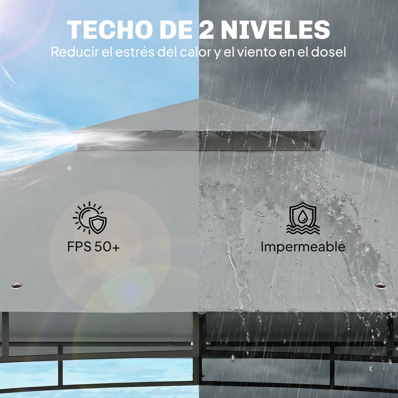 Outsunny Cenador para Jardín 3x3,6 m, Pabellón de Jardín Gazebo con Doble Techo, Paredes de Malla, UPF50+, Estructura de Metal, Carpa para Exterior, Terraza, Patio, Gris