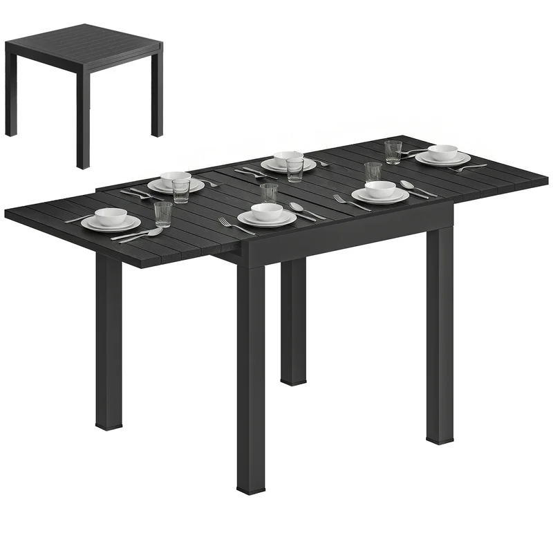 Outsunny Mesa de Jardín Extensible 80/160x80 cm, Mesa de Comedor Exterior Extensible Rectangular de Aluminio, con Superficie de Lamas de Efecto Madera, para 4-6 Personas, para Patio, Terraza, Negro