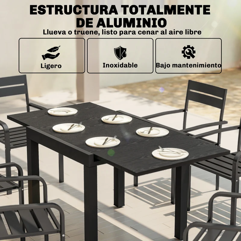 Outsunny Mesa de Jardín Extensible 80/160x80 cm, Mesa de Comedor Exterior Extensible Rectangular de Aluminio, con Superficie de Lamas de Efecto Madera, para 4-6 Personas, para Patio, Terraza, Negro