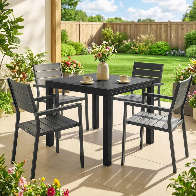 Outsunny Mesa de Jardín Extensible 80/160x80 cm, Mesa de Comedor Exterior Extensible Rectangular de Aluminio, con Superficie de Lamas de Efecto Madera, para 4-6 Personas, para Patio, Terraza, Negro