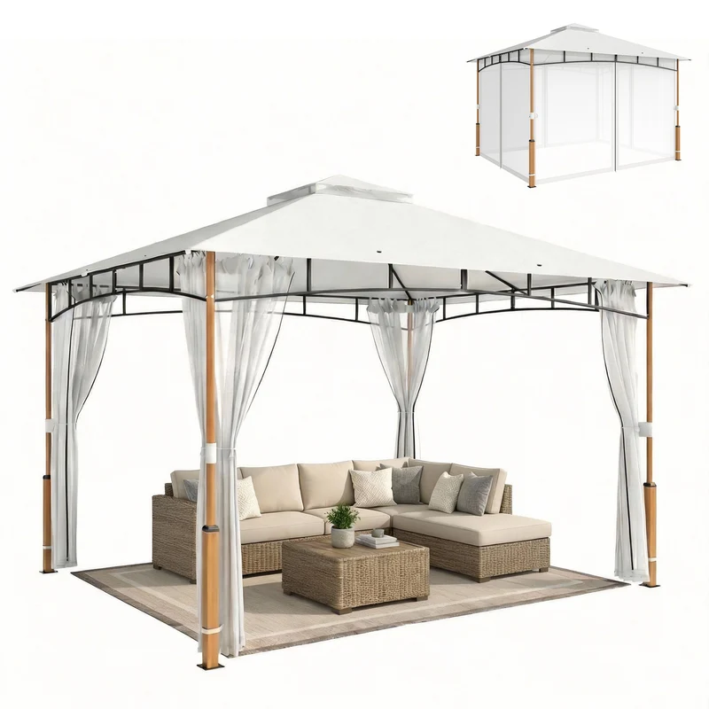 Outsunny Cenador para Jardín 3x3,6 m, Pabellón de Jardín Gazebo con Doble Techo, Paredes de Malla, UPF50+, Estructura de Metal, Carpa para Exterior, Terraza, Patio, Crema y Teca