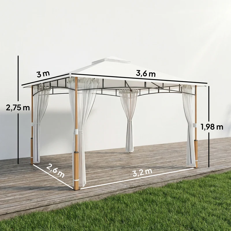 Outsunny Cenador para Jardín 3x3,6 m, Pabellón de Jardín Gazebo con Doble Techo, Paredes de Malla, UPF50+, Estructura de Metal, Carpa para Exterior, Terraza, Patio, Crema y Teca