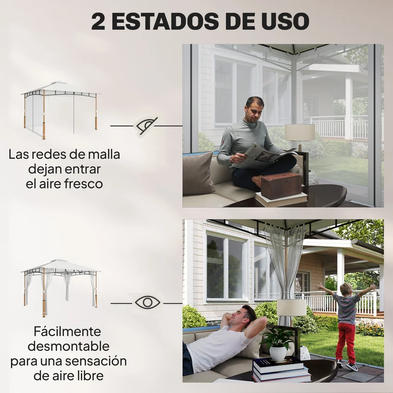 Outsunny Cenador para Jardín 3x3,6 m, Pabellón de Jardín Gazebo con Doble Techo, Paredes de Malla, UPF50+, Estructura de Metal, Carpa para Exterior, Terraza, Patio, Crema y Teca