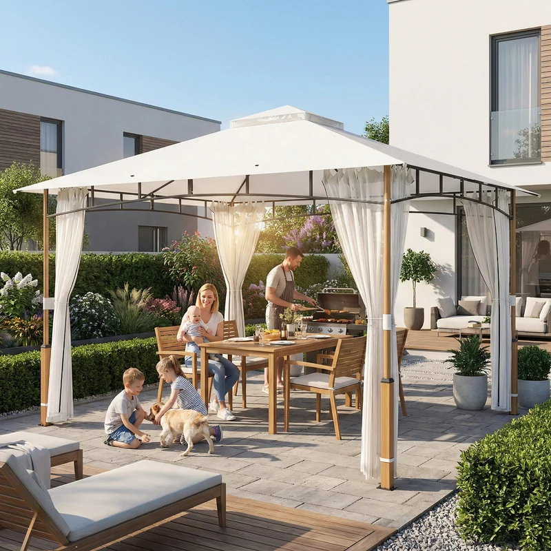 Outsunny Cenador para Jardín 3x3,6 m, Pabellón de Jardín Gazebo con Doble Techo, Paredes de Malla, UPF50+, Estructura de Metal, Carpa para Exterior, Terraza, Patio, Crema y Teca