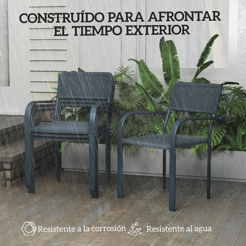 Outsunny Juego de 4 Sillas de Jardín Exterior Apilables, Sillas de Comedor Exterior Efecto Ratán, con Reposabrazos, Marco de Acero, Resistente a la Intemperie y Ligero, 55x60x83 cm, Gris Oscuro