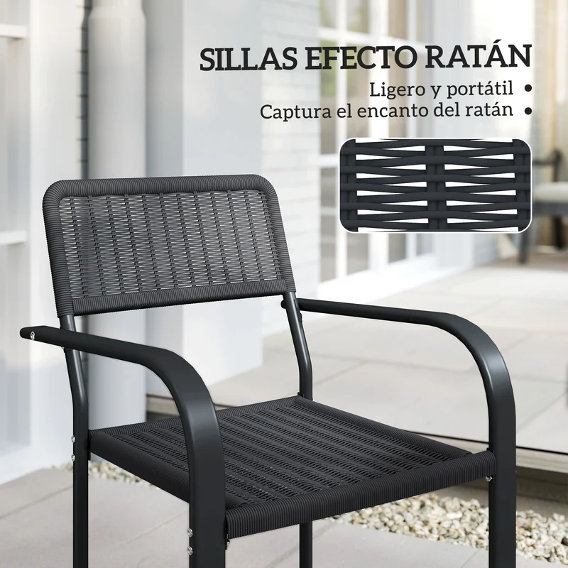 Outsunny Juego de 4 Sillas de Jardín Exterior Apilables, Sillas de Comedor Exterior Efecto Ratán, con Reposabrazos, Marco de Acero, Resistente a la Intemperie y Ligero, 55x60x83 cm, Negro