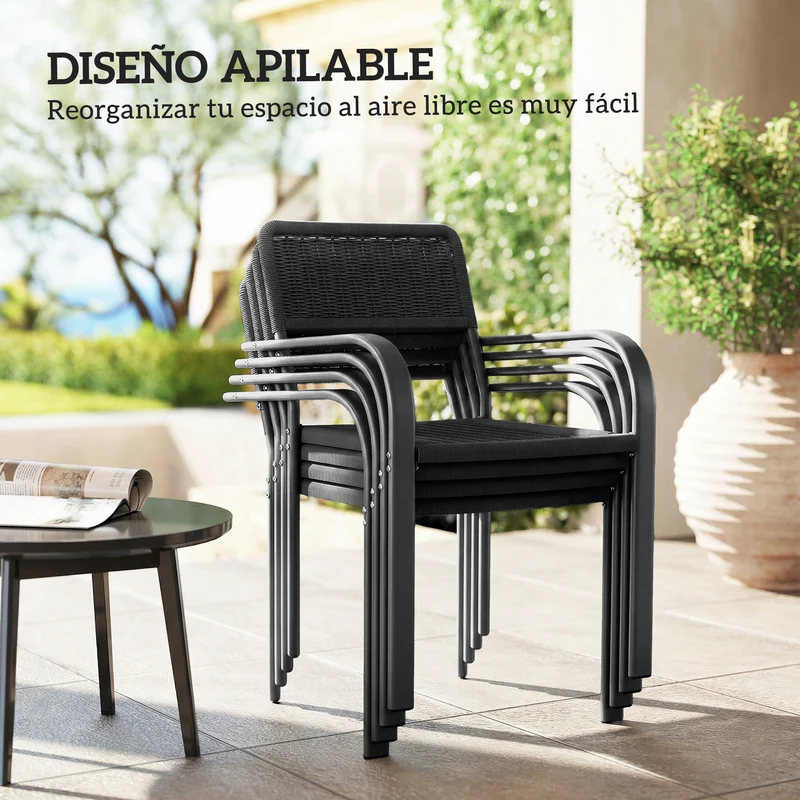 Outsunny Juego de 4 Sillas de Jardín Exterior Apilables, Sillas de Comedor Exterior Efecto Ratán, con Reposabrazos, Marco de Acero, Resistente a la Intemperie y Ligero, 55x60x83 cm, Negro