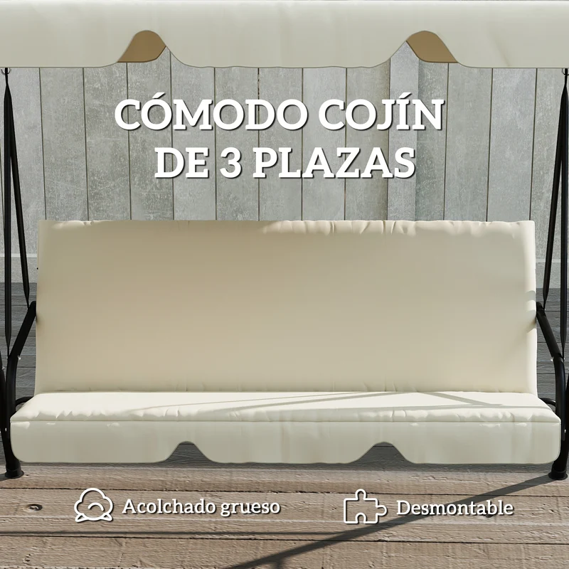 Outsunny Columpio de Jardín Exterior de 3 Plazas, Balancín de Jardín Exterior con Techo Ajustable, Cojín y Marco de Acero, para Balcón, Terraza, Patio, Carga 240 kg, 172x118x153 cm, Beige