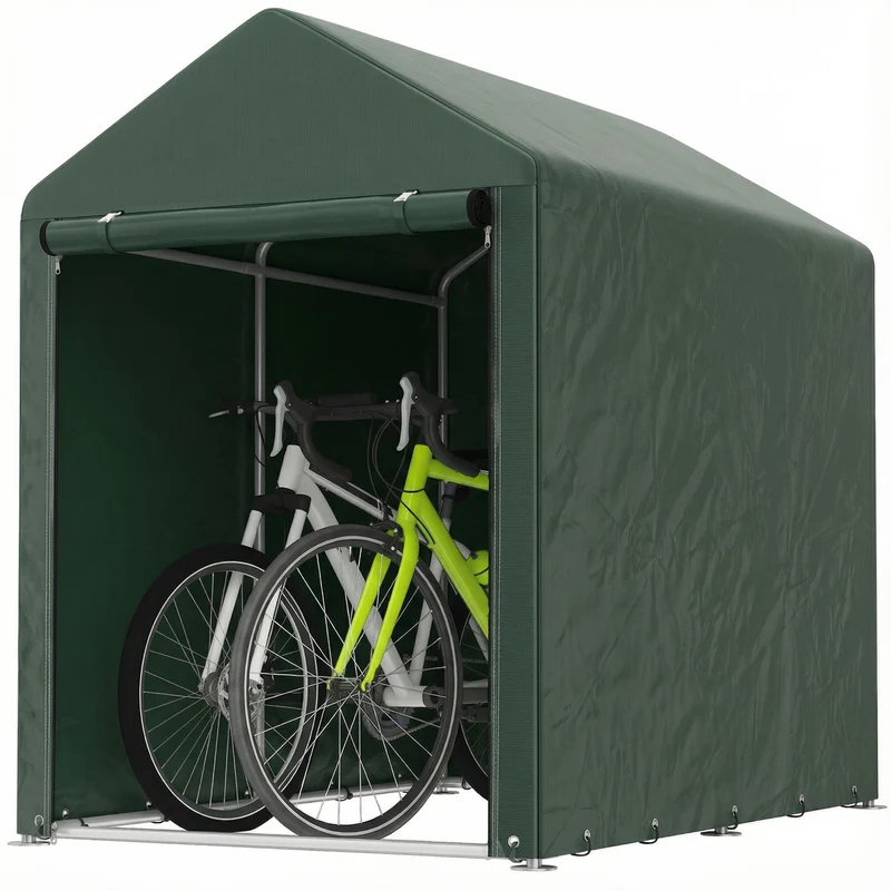 Outsunny Carpa de Jardín Exterior para Herramientas Bicicletas 1,2x1,8x1,65 m, Cobertizo Exterior con 2 Habitaciones, Puerta Enrollable con Cremallera, Impermeable Anti-UV, Garaje Portátil, Verde