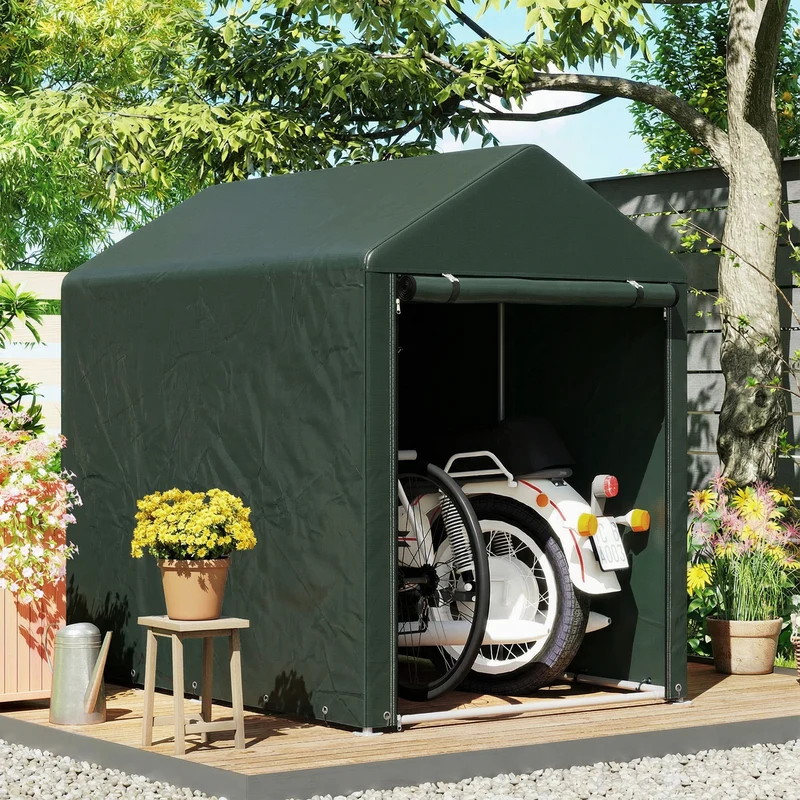 Outsunny Carpa de Jardín Exterior para Herramientas Bicicletas 1,2x1,8x1,65 m, Cobertizo Exterior con 2 Habitaciones, Puerta Enrollable con Cremallera, Impermeable Anti-UV, Garaje Portátil, Verde