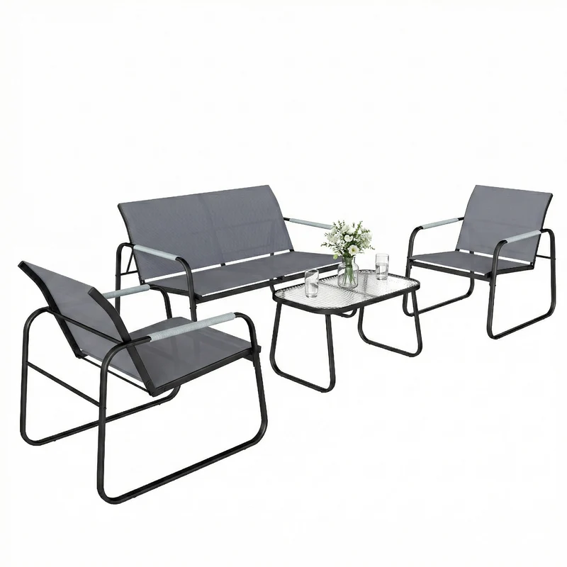 Outsunny Conjunto de Jardín Exterior de 4 Piezas, Muebles Jardín Exterior con 1 Sofá de 2 Plazas, 2 Sillones y Mesa de Vidrio Templado, Estructura de Acero y Textilene Transpirable, Gris