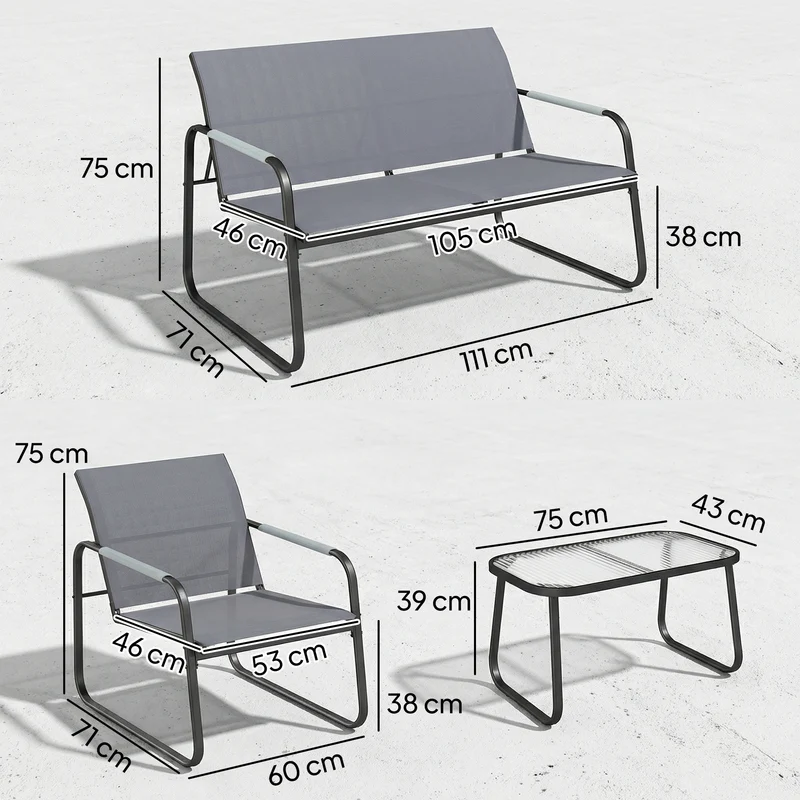 Outsunny Conjunto de Jardín Exterior de 4 Piezas, Muebles Jardín Exterior con 1 Sofá de 2 Plazas, 2 Sillones y Mesa de Vidrio Templado, Estructura de Acero y Textilene Transpirable, Gris
