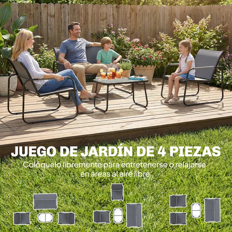 Outsunny Conjunto de Jardín Exterior de 4 Piezas, Muebles Jardín Exterior con 1 Sofá de 2 Plazas, 2 Sillones y Mesa de Vidrio Templado, Estructura de Acero y Textilene Transpirable, Gris