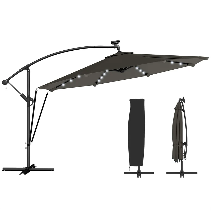 Outsunny Parasol Excéntrico con Luces LED Solares, Ø345 cm, Sombrilla de Jardín de Aluminio con Base Cruzada, Manivela, Funda Protectora, Cuerdas de Viento, UPF50+, para Terraza, Patio, Gris Oscuro