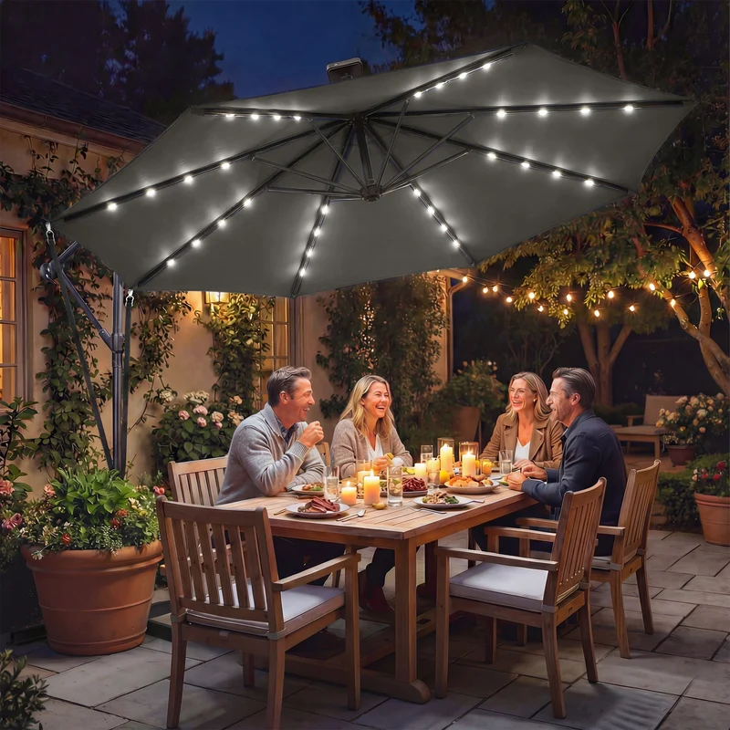 Outsunny Parasol Excéntrico con Luces LED Solares, Ø345 cm, Sombrilla de Jardín de Aluminio con Base Cruzada, Manivela, Funda Protectora, Cuerdas de Viento, UPF50+, para Terraza, Patio, Gris Oscuro