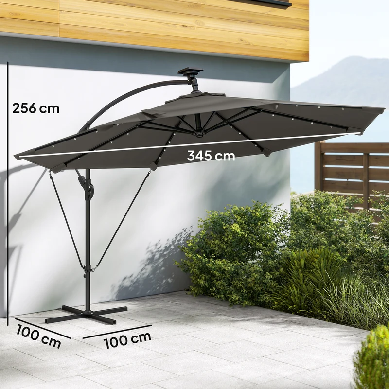 Outsunny Parasol Excéntrico con Luces LED Solares, Ø345 cm, Sombrilla de Jardín de Aluminio con Base Cruzada, Manivela, Funda Protectora, Cuerdas de Viento, UPF50+, para Terraza, Patio, Gris Oscuro