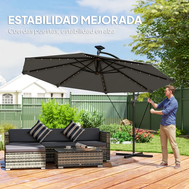 Outsunny Parasol Excéntrico con Luces LED Solares, Ø345 cm, Sombrilla de Jardín de Aluminio con Base Cruzada, Manivela, Funda Protectora, Cuerdas de Viento, UPF50+, para Terraza, Patio, Gris Oscuro