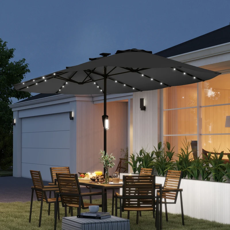 Outsunny Sombrilla Doble con 36 Luces LED Solares, 4x2 m, Sombrilla Terraza Exterior con Manivela, UPF50+, 12 Varillas, Resistente al Agua, Parasol para Jardín, Terraza, Patio, Gris Oscuro