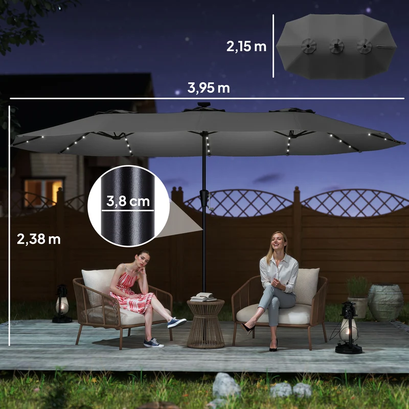 Outsunny Sombrilla Doble con 36 Luces LED Solares, 4x2 m, Sombrilla Terraza Exterior con Manivela, UPF50+, 12 Varillas, Resistente al Agua, Parasol para Jardín, Terraza, Patio, Gris Oscuro