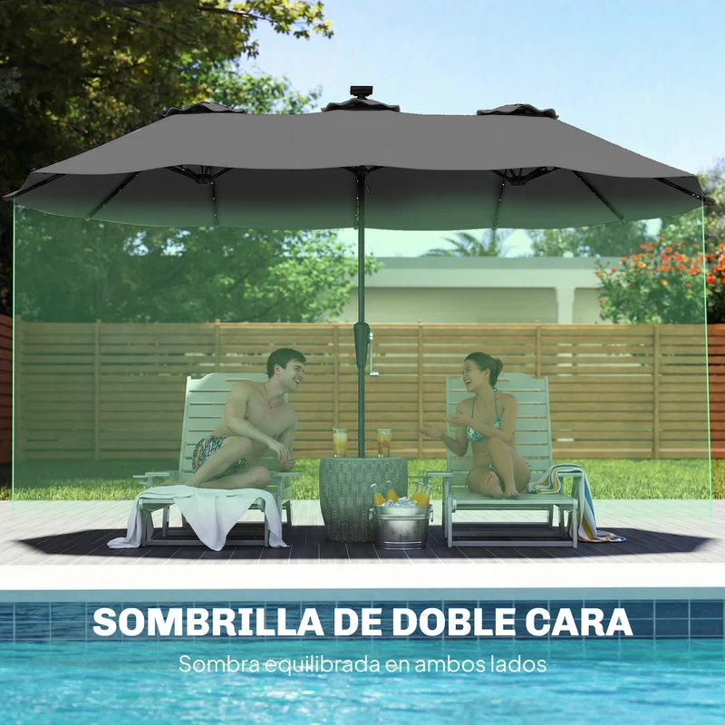 Outsunny Sombrilla Doble con 36 Luces LED Solares, 4x2 m, Sombrilla Terraza Exterior con Manivela, UPF50+, 12 Varillas, Resistente al Agua, Parasol para Jardín, Terraza, Patio, Gris Oscuro