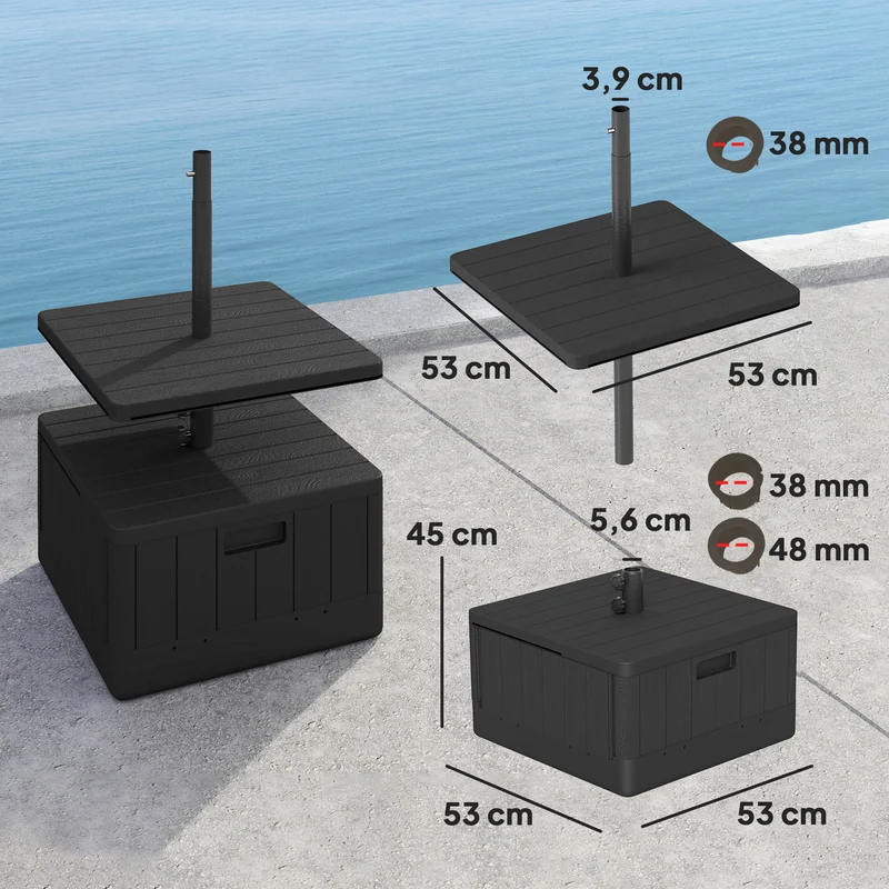 Outsunny Base para Sombrilla Exterior 3 en 1, Mesa Auxiliar Ajustable, Macetero con Orificio de Drenaje, Soporte de Parasol Rellenable Arena 80 kg con Ruedas y Asas, para Postes Ø38 y Ø48 mm, Negro