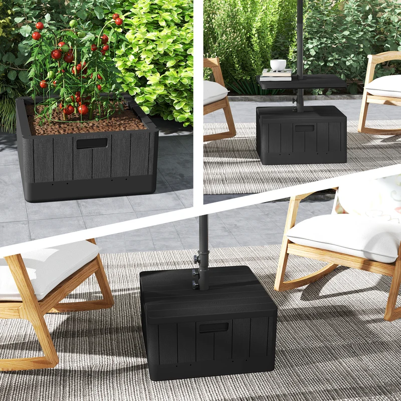 Outsunny Base para Sombrilla Exterior 3 en 1, Mesa Auxiliar Ajustable, Macetero con Orificio de Drenaje, Soporte de Parasol Rellenable Arena 80 kg con Ruedas y Asas, para Postes Ø38 y Ø48 mm, Negro
