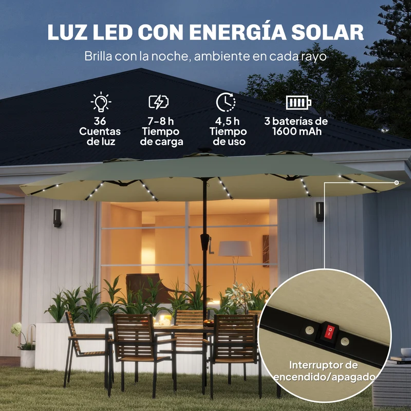 Outsunny Sombrilla Doble con 36 Luces LED Solares, 4x2 m, Sombrilla Terraza Exterior con Manivela, UPF50+, 12 Varillas, Resistente al Agua, Parasol para Jardín, Terraza, Patio, Beige