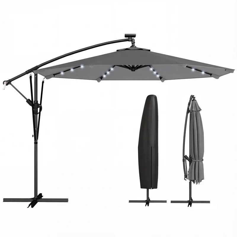 Outsunny Parasol Excéntrico con Luces LED Solares, Ø330 cm, Sombrilla de Jardín con Base Cruzada, Manivela, Funda Protectora y Cuerda de Viento, Anti-UV 50+, para Terraza, Patio, Gris Oscuro