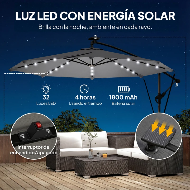 Outsunny Parasol Excéntrico con Luces LED Solares, Ø330 cm, Sombrilla de Jardín con Base Cruzada, Manivela, Funda Protectora y Cuerda de Viento, Anti-UV 50+, para Terraza, Patio, Gris Oscuro