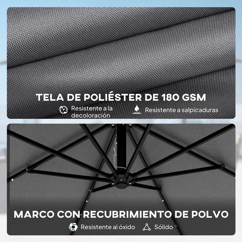 Outsunny Parasol Excéntrico con Luces LED Solares, Ø330 cm, Sombrilla de Jardín con Base Cruzada, Manivela, Funda Protectora y Cuerda de Viento, Anti-UV 50+, para Terraza, Patio, Gris Oscuro