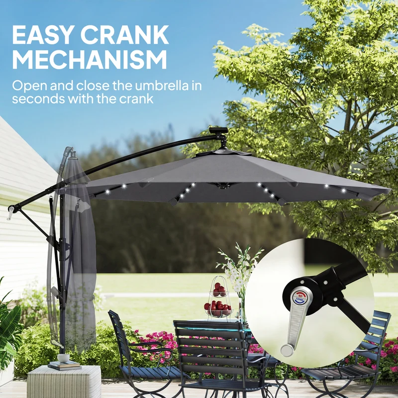 Outsunny Parasol Excéntrico con Luces LED Solares, Ø330 cm, Sombrilla de Jardín con Base Cruzada, Manivela, Funda Protectora y Cuerda de Viento, Anti-UV 50+, para Terraza, Patio, Gris Oscuro