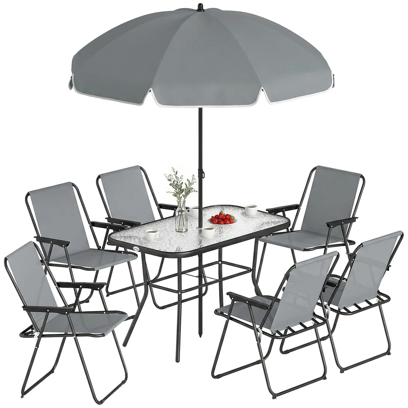 Outsunny Conjunto de Mesa y Sillas Jardín de 8 Piezas, Muebles de Jardín Exterior con Sombrilla, 6 Sillas Plegables, Mesa de Vidrio Templado, para Terraza, Patio, Gris