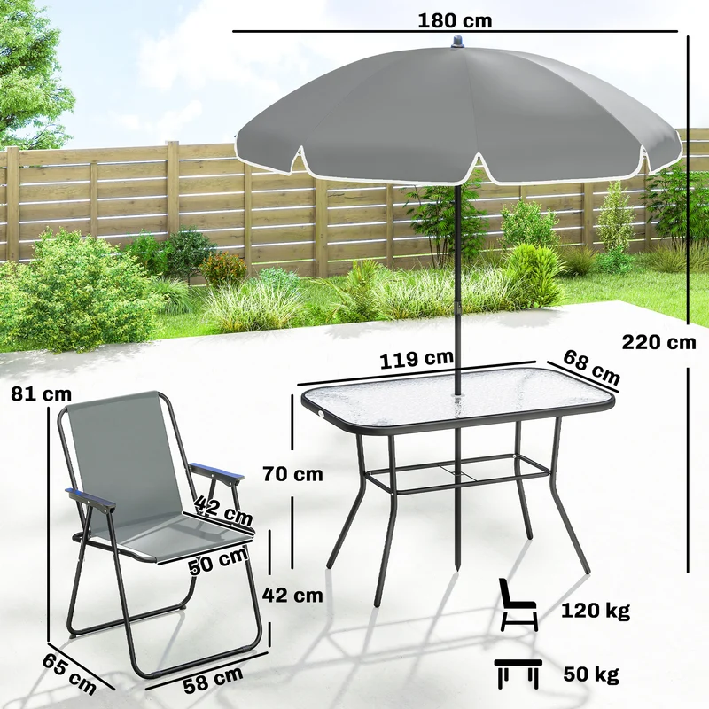 Outsunny Conjunto de Mesa y Sillas Jardín de 8 Piezas, Muebles de Jardín Exterior con Sombrilla, 6 Sillas Plegables, Mesa de Vidrio Templado, para Terraza, Patio, Gris