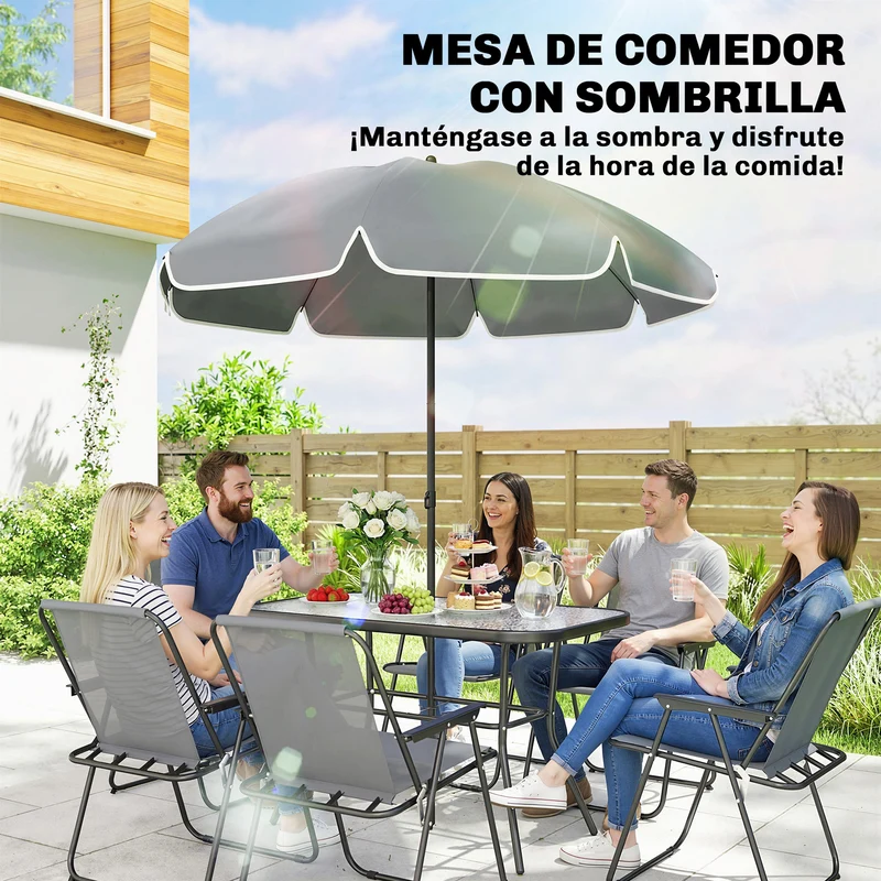 Outsunny Conjunto de Mesa y Sillas Jardín de 8 Piezas, Muebles de Jardín Exterior con Sombrilla, 6 Sillas Plegables, Mesa de Vidrio Templado, para Terraza, Patio, Gris