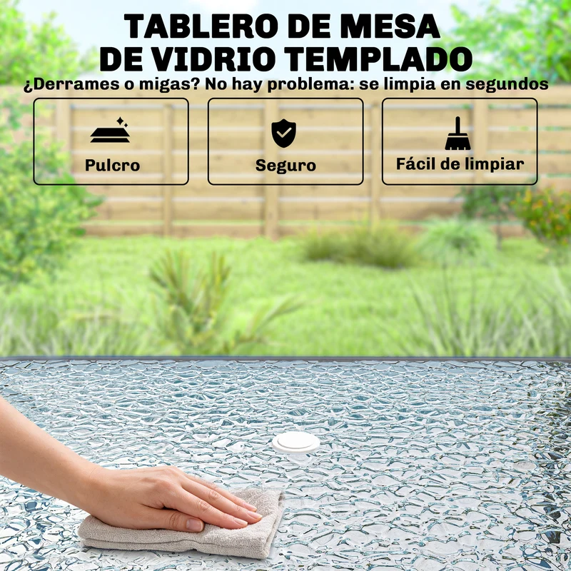 Outsunny Conjunto de Mesa y Sillas Jardín de 8 Piezas, Muebles de Jardín Exterior con Sombrilla, 6 Sillas Plegables, Mesa de Vidrio Templado, para Terraza, Patio, Gris