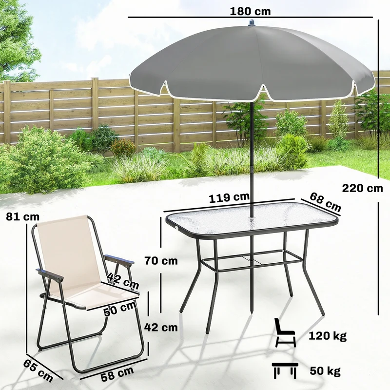 Outsunny Conjunto de Mesa y Sillas Jardín de 8 Piezas, Muebles de Jardín Exterior con Sombrilla, 6 Sillas Plegables, Mesa de Vidrio Templado, para Terraza, Patio, Crema