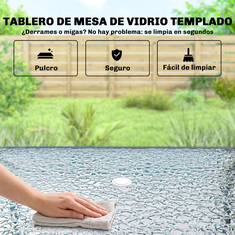 Outsunny Conjunto de Mesa y Sillas Jardín de 8 Piezas, Muebles de Jardín Exterior con Sombrilla, 6 Sillas Plegables, Mesa de Vidrio Templado, para Terraza, Patio, Crema