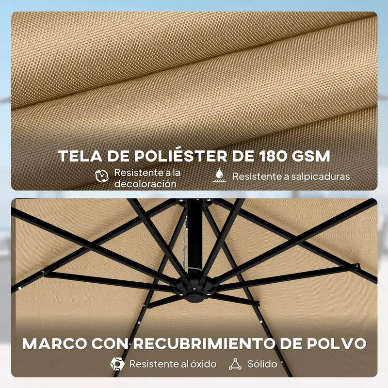 Outsunny Parasol Excéntrico con Luces LED Solares, Ø330 cm, Sombrilla de Jardín con Base Cruzada, Manivela, Funda Protectora y Cuerda de Viento, Anti-UV 50+, para Terraza, Patio, Caqui