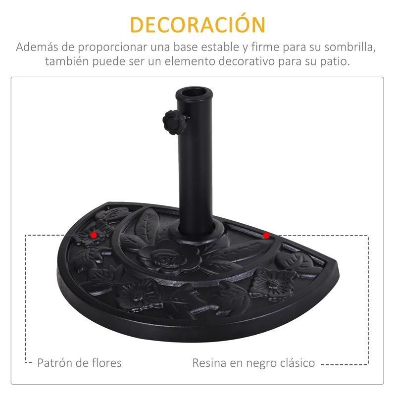 Outsunny Base de Sombrilla Semicírculo Peso 9 kg Soporte para Parasol de Resina para Poste de Paraguas de Ø3,8 cm y Ø4,8 cm para Terraza Patio Jardín Playa 50x31x32 cm Negro
