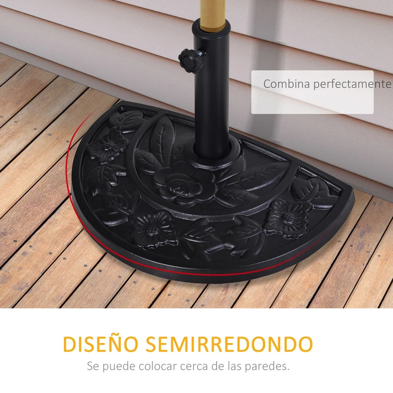 Outsunny Base de Sombrilla Semicírculo Peso 9 kg Soporte para Parasol de Resina para Poste de Paraguas de Ø3,8 cm y Ø4,8 cm para Terraza Patio Jardín Playa 50x31x32 cm Negro