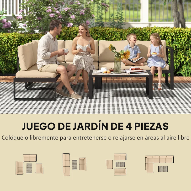 Outsunny Conjunto de Jardín Exterior de 4 Piezas, Muebles Jardín Exterior con 2 Sofás de 2 Plazas, 1 Sillón sin Brazos y Mesa de Centro, Conjunto de Sofá con Estructura de Acero y Cojines, Caqui